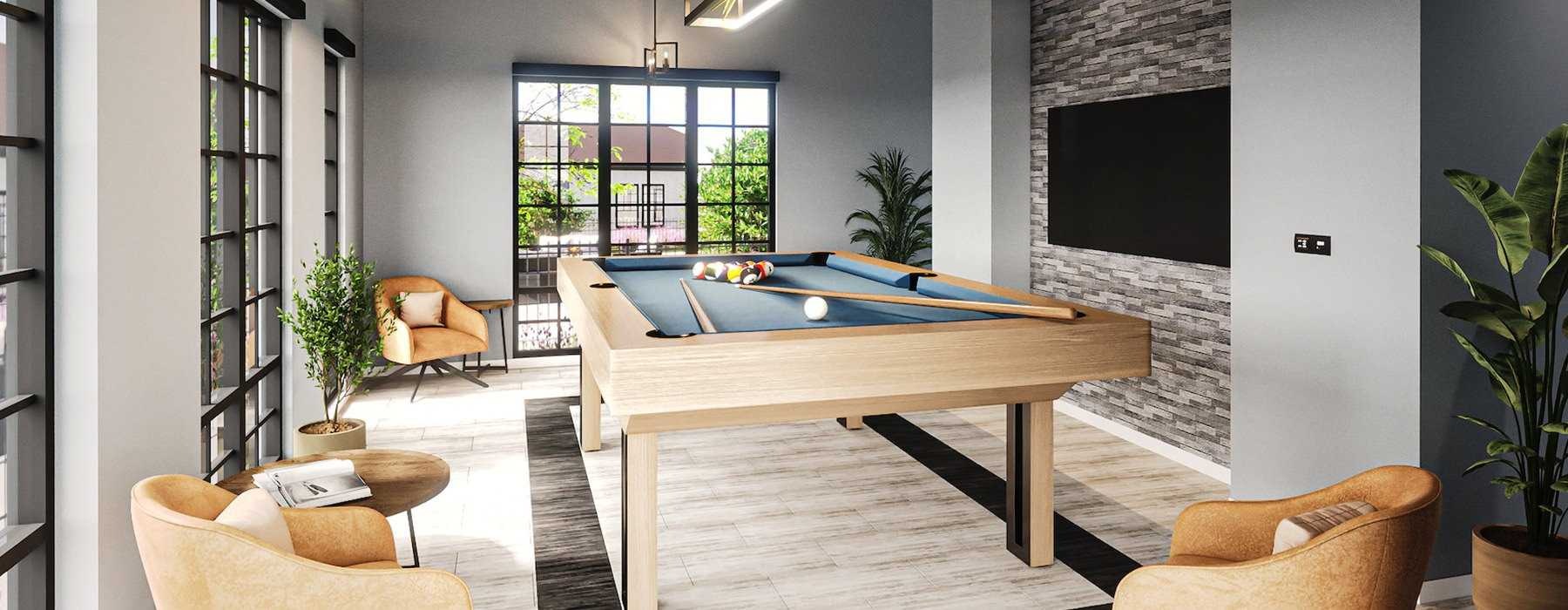 large gameroom with billiards table